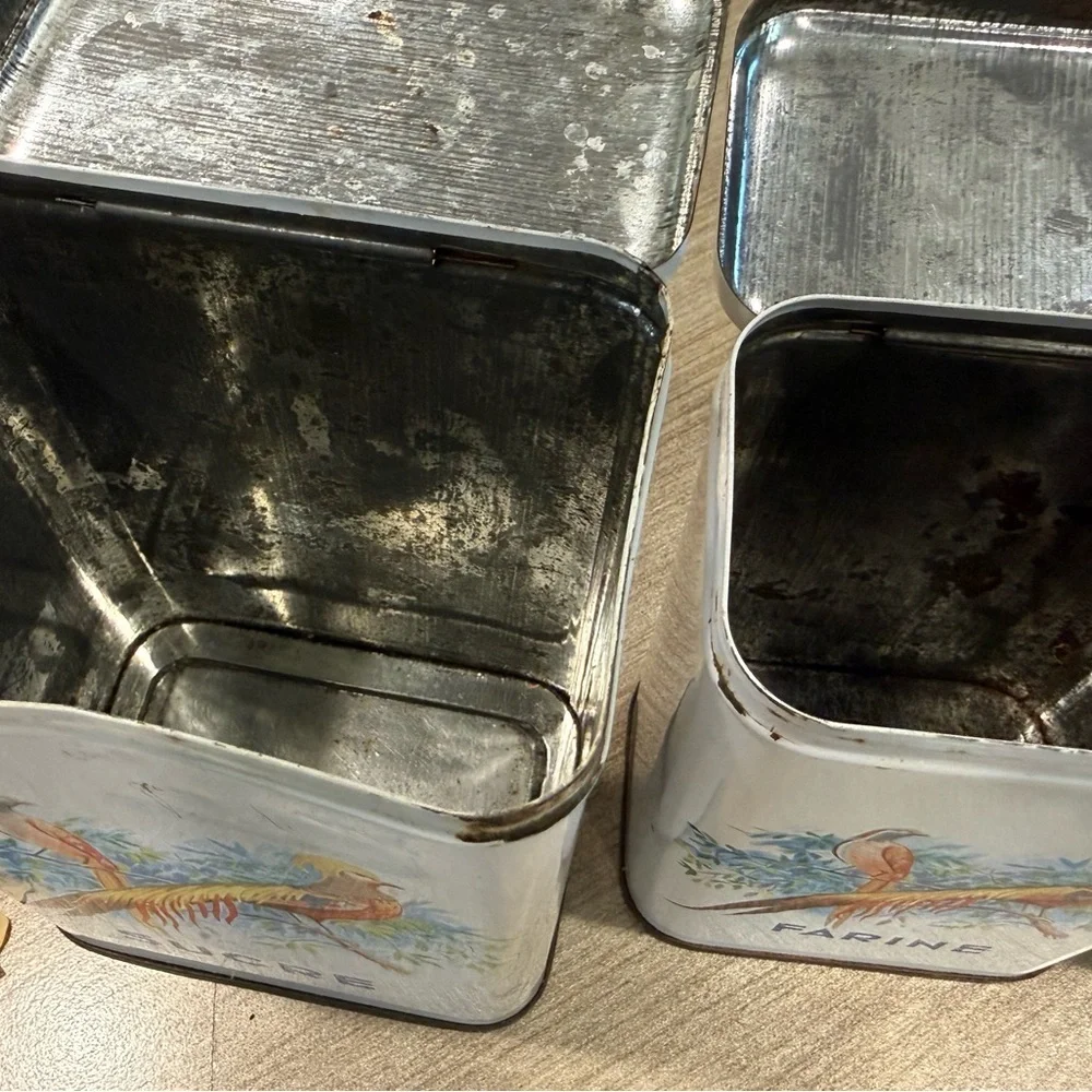 Antique kitchen Canisters Set of 5 Stackable  French 1920’s Tin With Lids As is